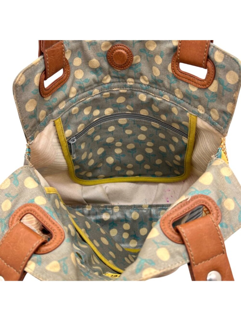 Fossil Key-Per Multicolor Coated Canvas Tote Purse Leather Handles Zipper Pocket - Picture 14 of 16